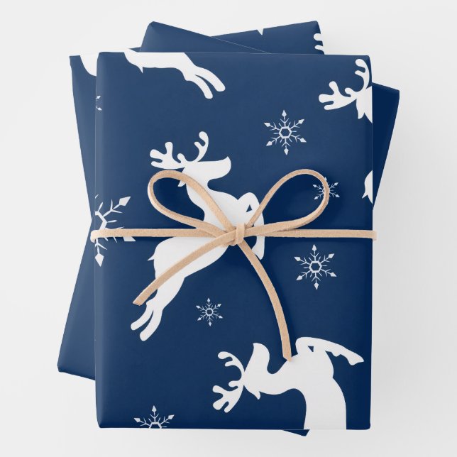 Modern Watercolor Blue Reindeer Snow Christmas Wrapping Paper Sheet (In situ)
