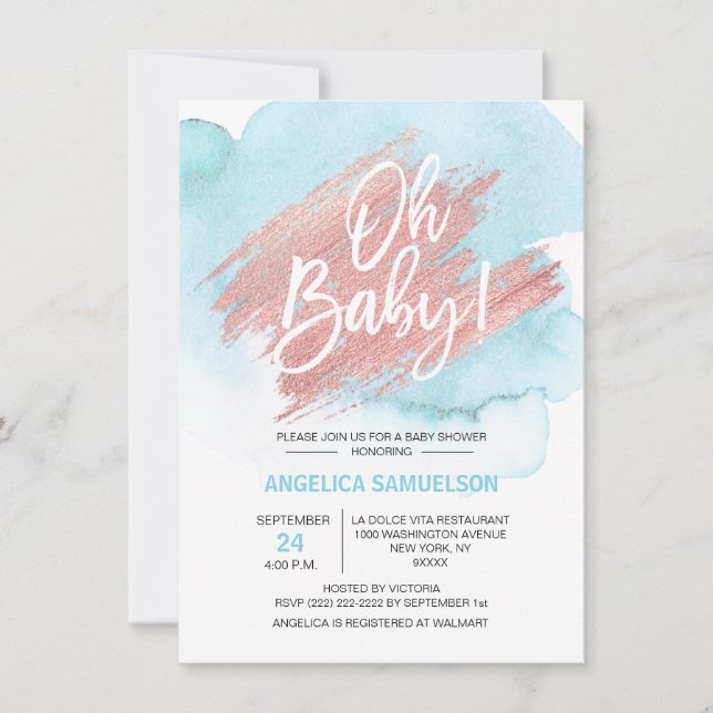Modern Watercolor Blue Rose Gold Oh Baby Shower Invitation (Front)