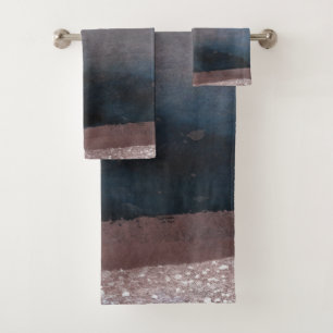 Modern Watercolor Blue & Rose Gold Pink Blush Glam Bath Towel Set