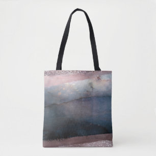 Modern Watercolor Blue & Rose Gold Pink Blush Glam Tote Bag