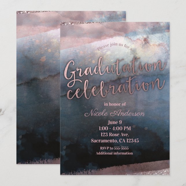 Modern Watercolor Blue Rose Gold Pink Graduation Invitation (Front/Back)