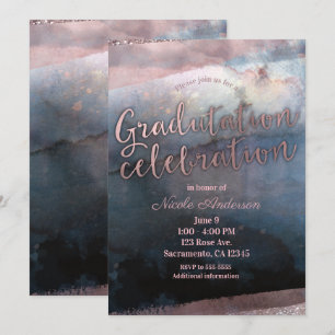 Modern Watercolor Blue Rose Gold Pink Graduation Invitation