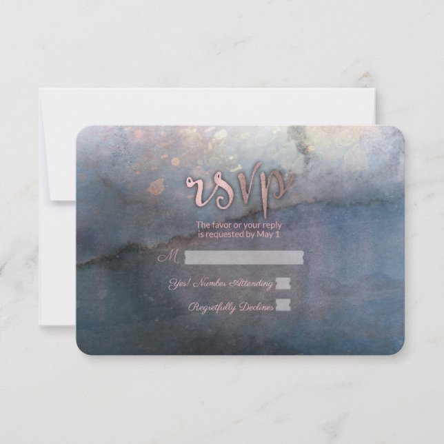 Modern Watercolor Blue & Rose Gold Pink RSVP Reply (Front)