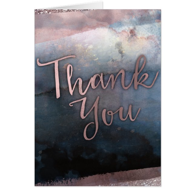 Modern Watercolor Blue & Rose Gold Pink Thank You (Front)