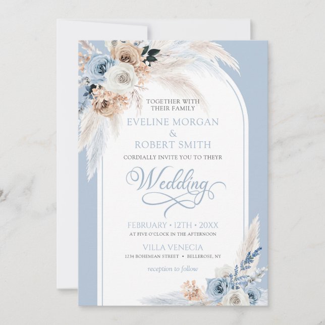 Modern watercolor blue roses pampas tropical arch invitation (Front)