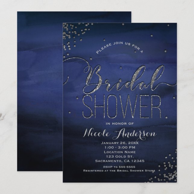 Modern Watercolor Blue Silver Glam BRIDAL SHOWER Invitation (Front/Back)