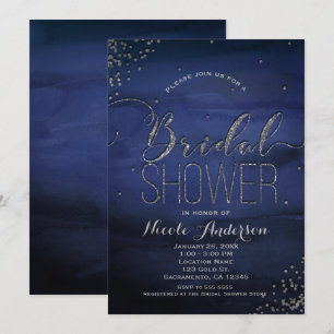 Modern Watercolor Blue Silver Glam BRIDAL SHOWER Invitation