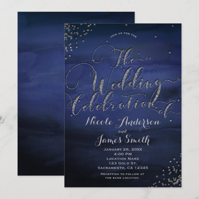 Modern Watercolor Blue Silver Wedding Celebration Invitation (Front/Back)