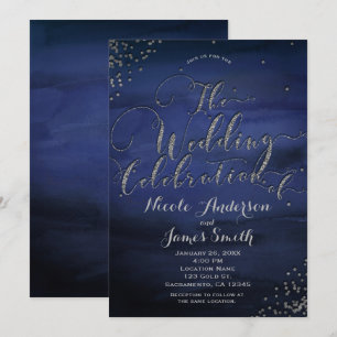 Modern Watercolor Blue Silver Wedding Celebration Invitation