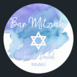 Modern Watercolor Blue Star Bat Bar Mitzvah Classic Round Sticker<br><div class="desc">Add these gorgeous small round envelope sticker seals Jewish Bat or Bar Mitzvah (calling to the Torah) to your invitations, envelopes, thank you cards or any other item such as thank you gifts or favours. For boy or girl. Modern Trendy white script calligraphy letters design. Watercolor background in blue, teal,...</div>