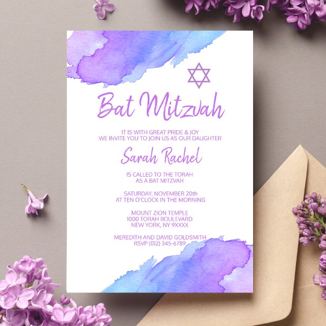 Modern Watercolor Blue Star David Bat Mitzvah #LC Invitation (Creator Uploaded)