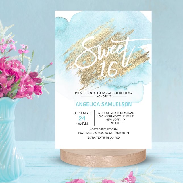 Modern Watercolor Blue Sweet 16 Sixteen 3.5x5" Invitation (Modern Watercolor Blue Sweet 16 Sixteen 3.5x5" Invitation)