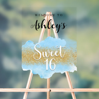 Modern Watercolor Blue Sweet 16 Sixteen Acrylic Sign