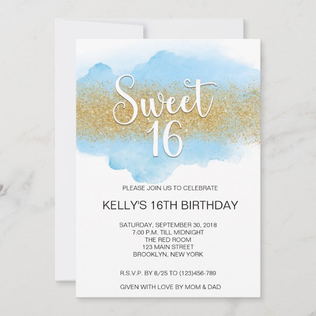 Modern Watercolor Blue Sweet 16 Sixteen Invitation (Front)
