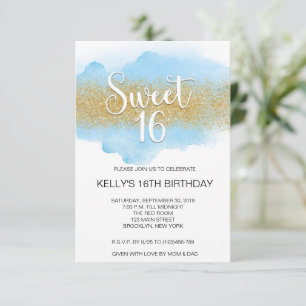 Modern Watercolor Blue Sweet 16 Sixteen Invitation