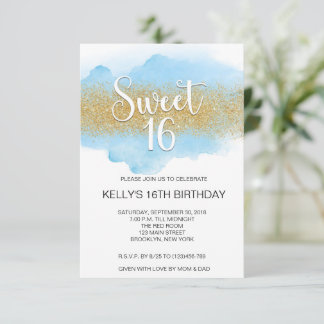Modern Watercolor Blue Sweet 16 Sixteen Invitation