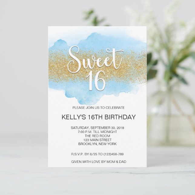 Modern Watercolor Blue Sweet 16 Sixteen Invitation (Standing Front)