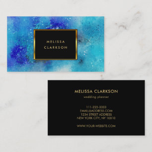 Modern watercolor blue teal splatter gold frame business card