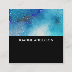 Modern watercolor blue teal splatter on black square business card