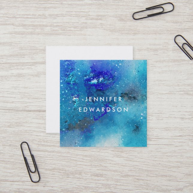 Modern watercolor blue teal splatter professional square business card (Front/Back In Situ)