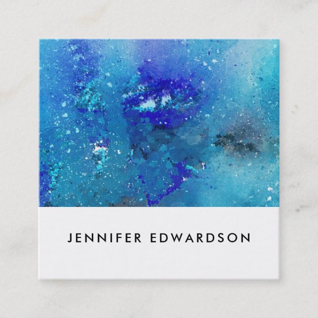 Modern watercolor blue teal splatter professional square business card (Front)