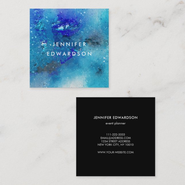 Modern watercolor blue teal splatter professional square business card (Front/Back)