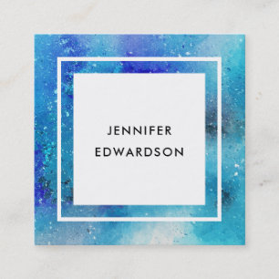 Modern watercolor blue teal splatter white frame square business card