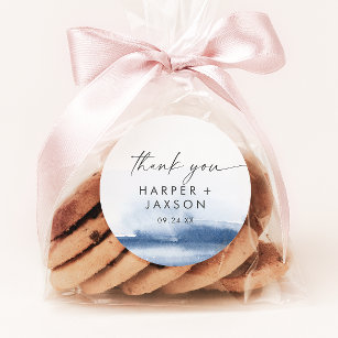 Modern Watercolor   Blue Thank You Wedding Favour Classic Round Sticker