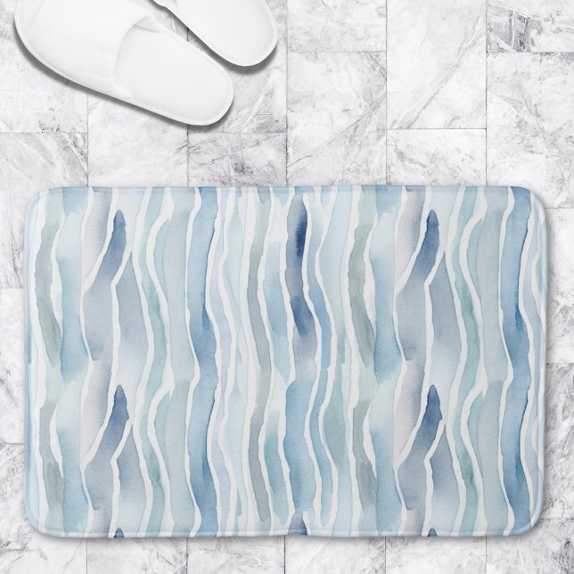 Modern Watercolor Blue Wave Stripe Pattern Bath Mat (Creator Uploaded)