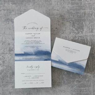 Modern Watercolor   Blue Wedding All In One Invitation