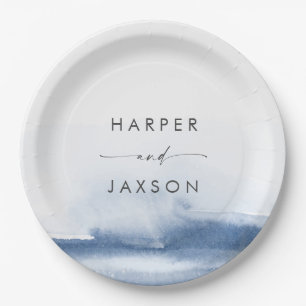 Modern Watercolor   Blue Wedding Cake Paper Plate
