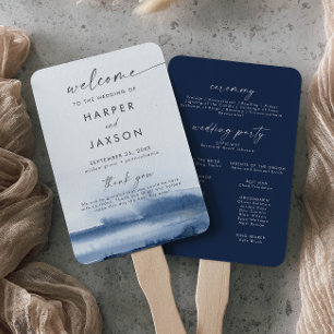 Modern Watercolor   Blue Wedding Program Hand Fan