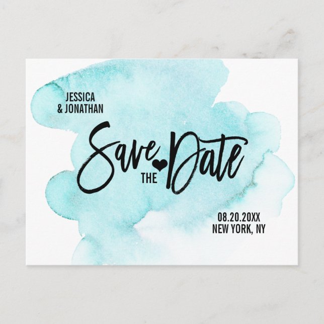 Modern Watercolor Blue Wedding SAVE THE DATE Announcement Postcard (Front)