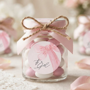 Modern Watercolor Blush Pink Bow Its a Girl Classic Round Sticker