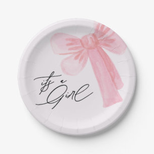 Modern Watercolor Blush Pink Bow Its a Girl  Paper Plate