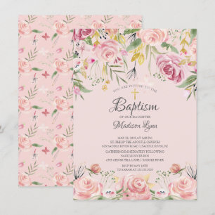 Modern Watercolor Blush Pink Floral Baptism Invitation