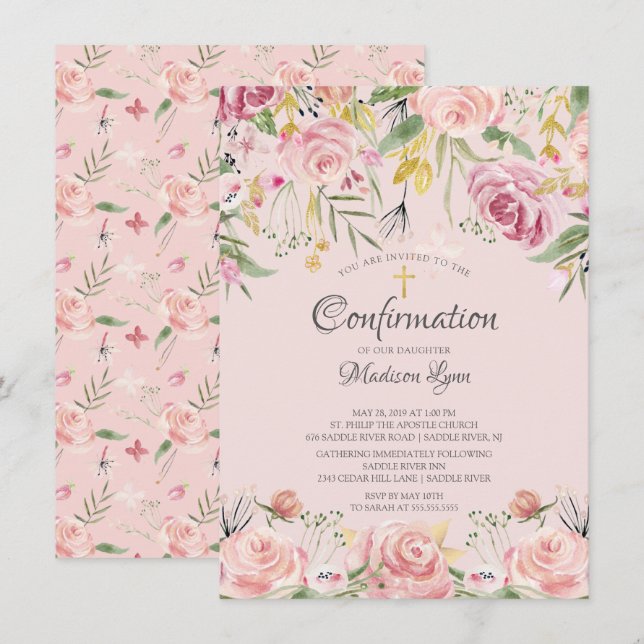Modern Watercolor Blush Pink Floral Confirmation Invitation (Front/Back)