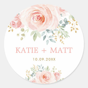 Modern Watercolor Blush Pink Floral Wedding Favour Classic Round Sticker