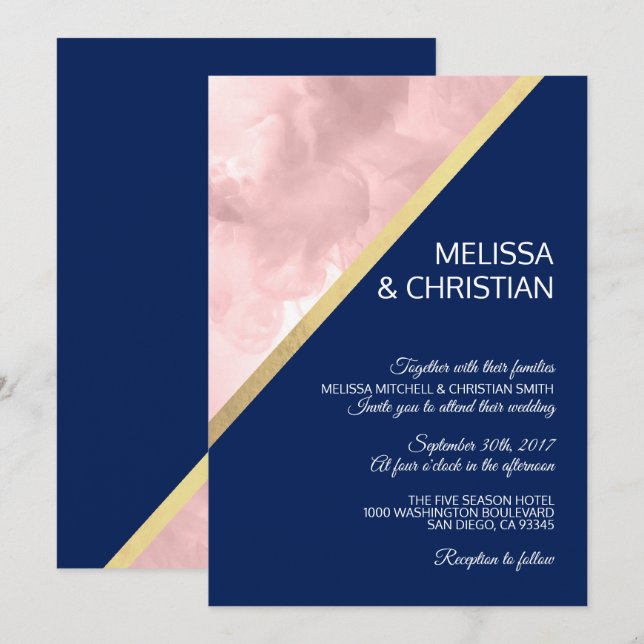 Modern Watercolor Blush Pink & Navy Blue Wedding Invitation (Front/Back)