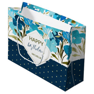 Modern Watercolor Boho Blue Flural Hand-painted Large Gift Bag
