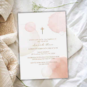 Modern Watercolor Boho Bubble Gold Cross Baptism Invitation