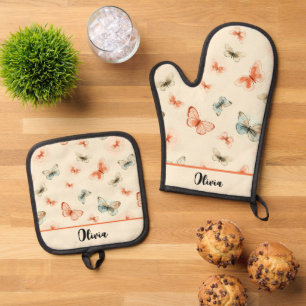 Modern Watercolor Boho Butterflies Oven Mitt & Pot Holder Set