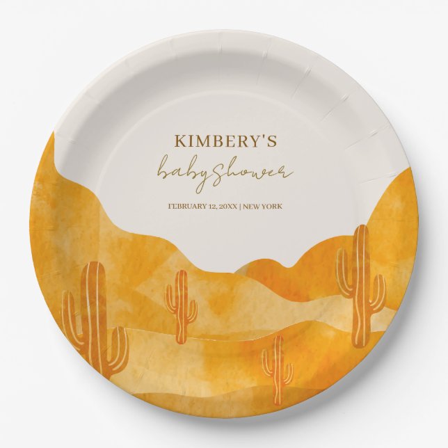Modern Watercolor Boho Desert Cactus Baby Shower Paper Plate (Front)