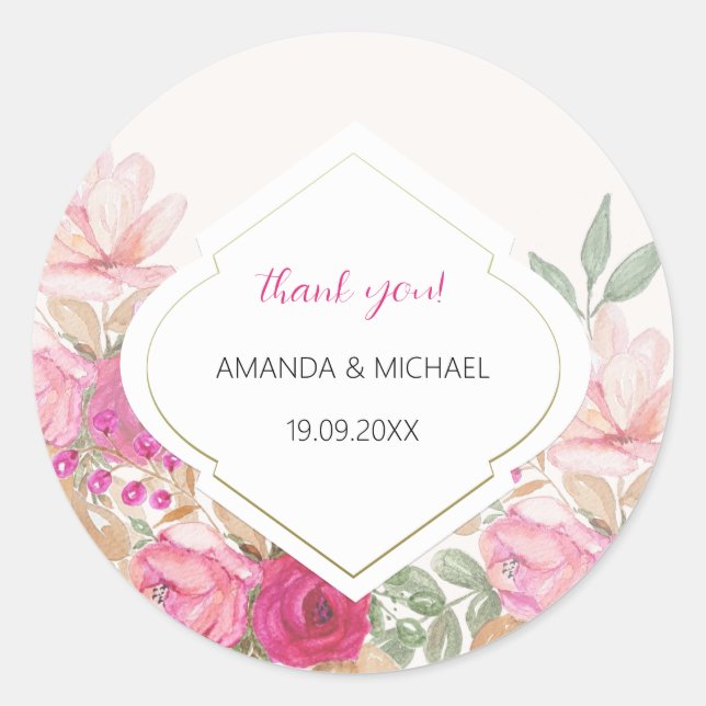 Modern Watercolor Boho Floral Arrangement Classic Round Sticker (Front)
