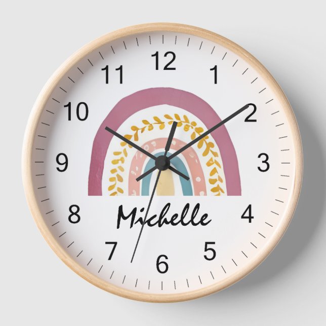 Modern Watercolor Boho Rainbow Custom Girls Cute   Clock (Front)