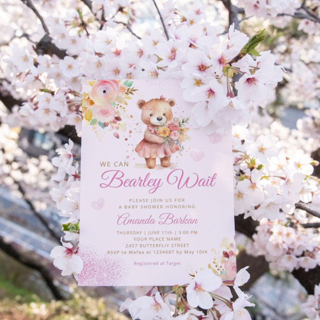 Modern Watercolor Boho Teddy Bear Girl Baby Shower Invitation (Creator Uploaded)