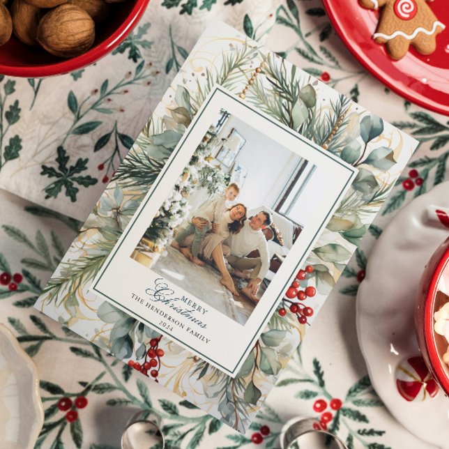 Modern Watercolor Botanical Christmas Photo Holiday Postcard (Creator Uploaded)