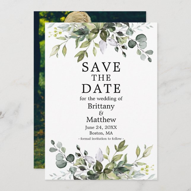 Modern Watercolor Botanical Greenery Photo Save The Date (Front/Back)