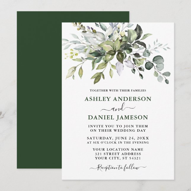 Modern Watercolor Botanical Greenery Wedding Green Invitation (Front/Back)