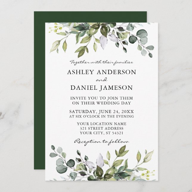 Modern Watercolor Botanical Greenery Wedding Invitation (Front/Back)